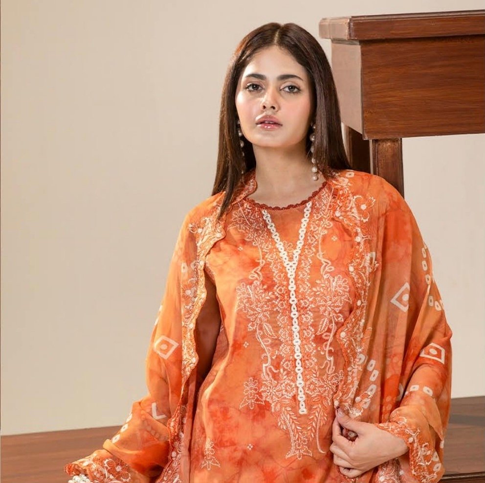 Pakistani Three Piece – Gulljee Coral Orange Luxury Air Jett Lawn Unstitched Suit