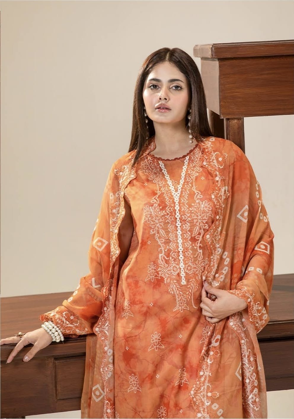 Pakistani Three Piece – Gulljee Coral Orange Luxury Air Jett Lawn Unstitched Suit - Image 3