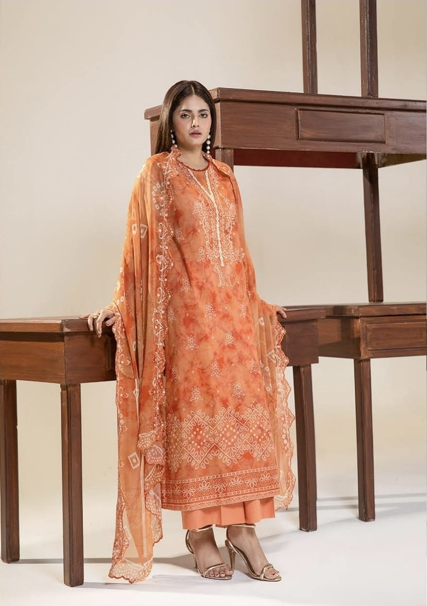 Pakistani Three Piece – Gulljee Coral Orange Luxury Air Jett Lawn Unstitched Suit - Image 2