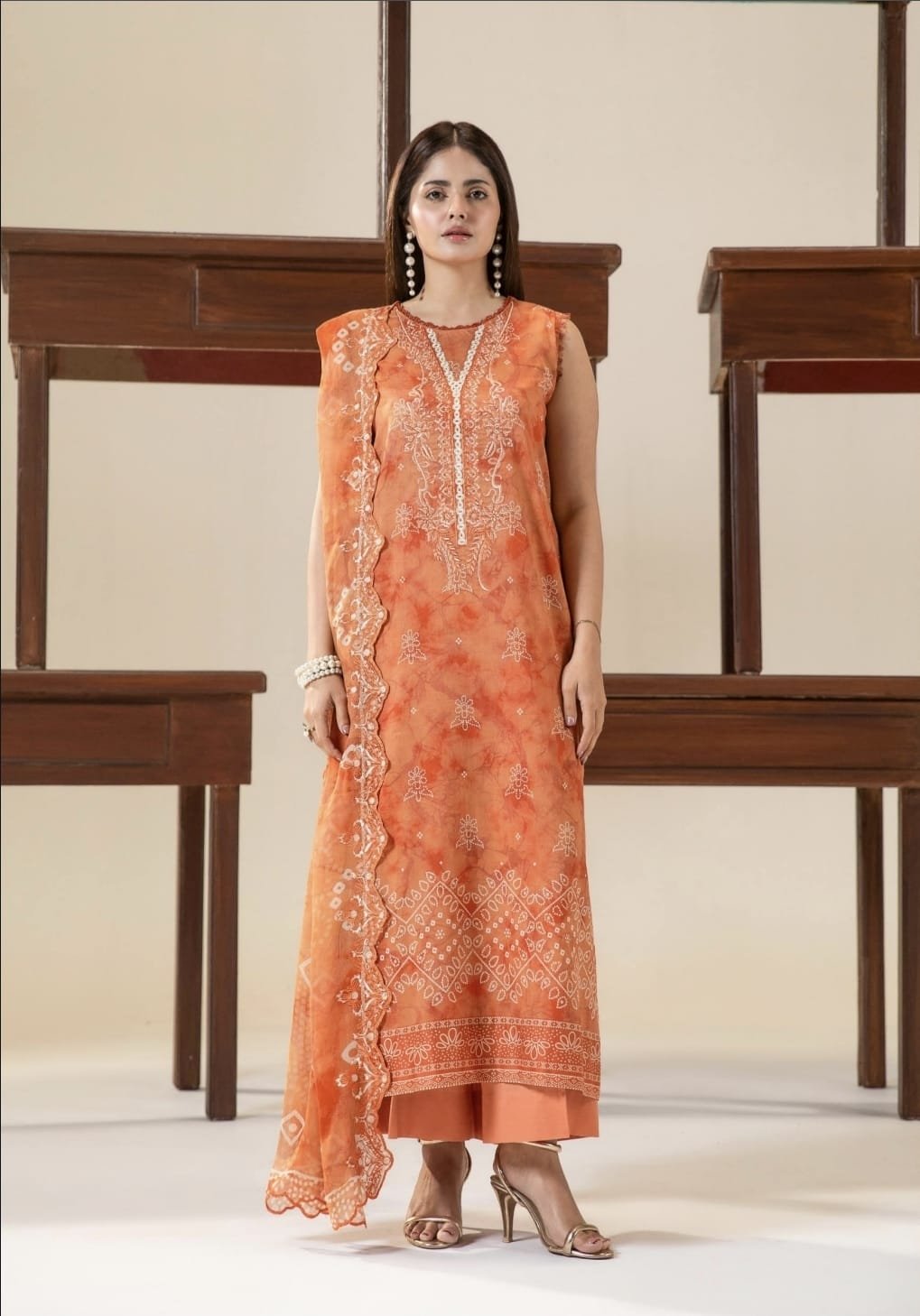Pakistani Three Piece – Gulljee Coral Orange Luxury Air Jett Lawn Unstitched Suit - Image 4