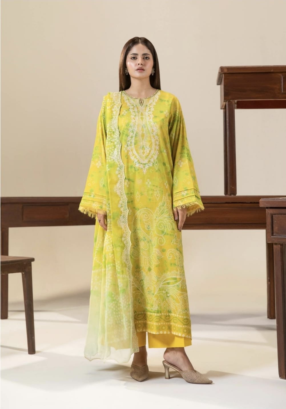 Pakistani Three Piece – Lime Yellow Printed Embroidered Unstitched Lawn Suit - Image 4