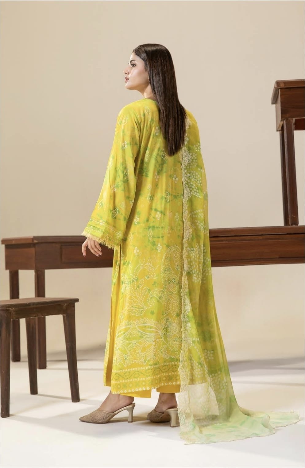 Pakistani Three Piece – Lime Yellow Printed Embroidered Unstitched Lawn Suit - Image 3