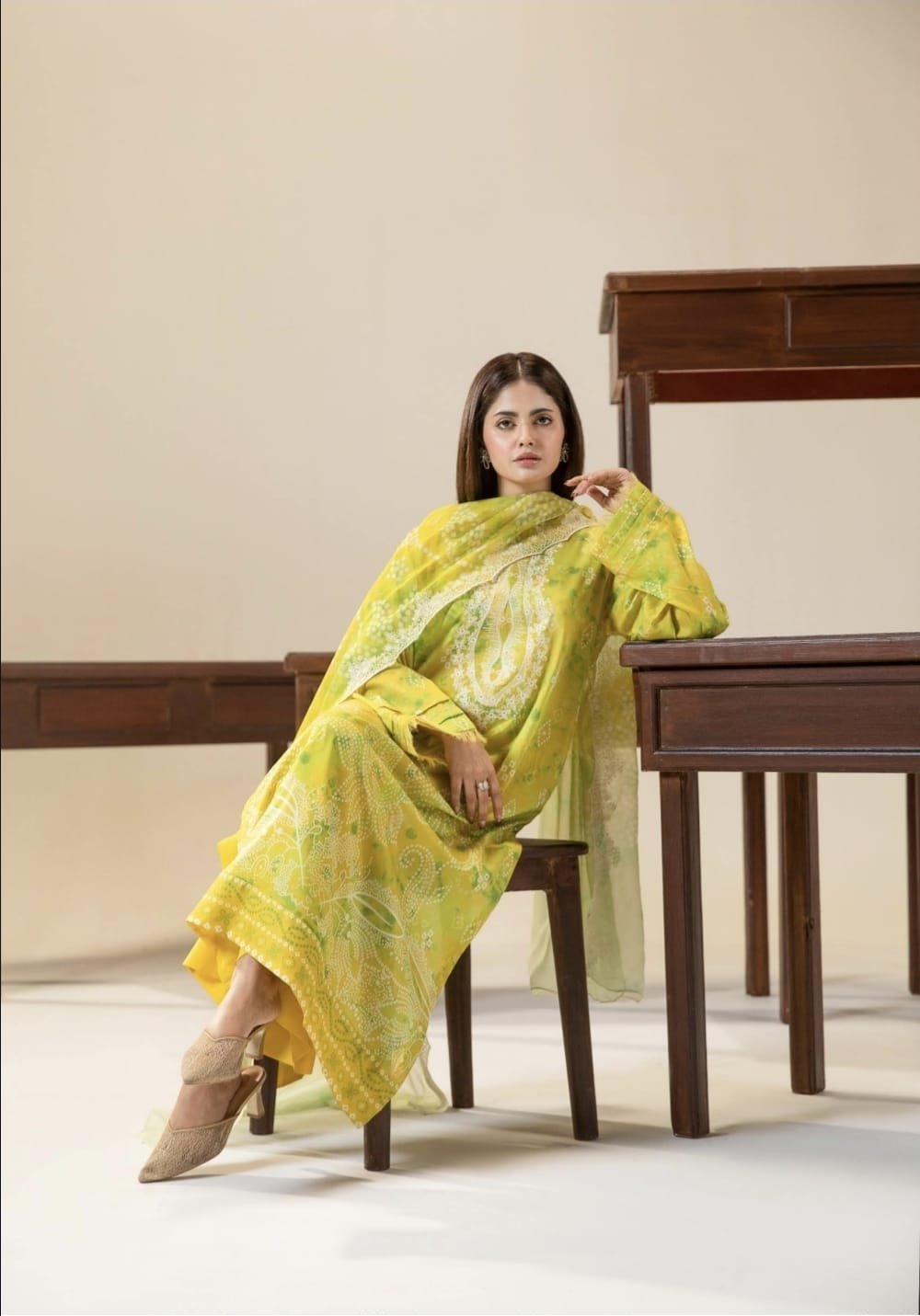 Pakistani Three Piece – Lime Yellow Printed Embroidered Unstitched Lawn Suit - Image 2