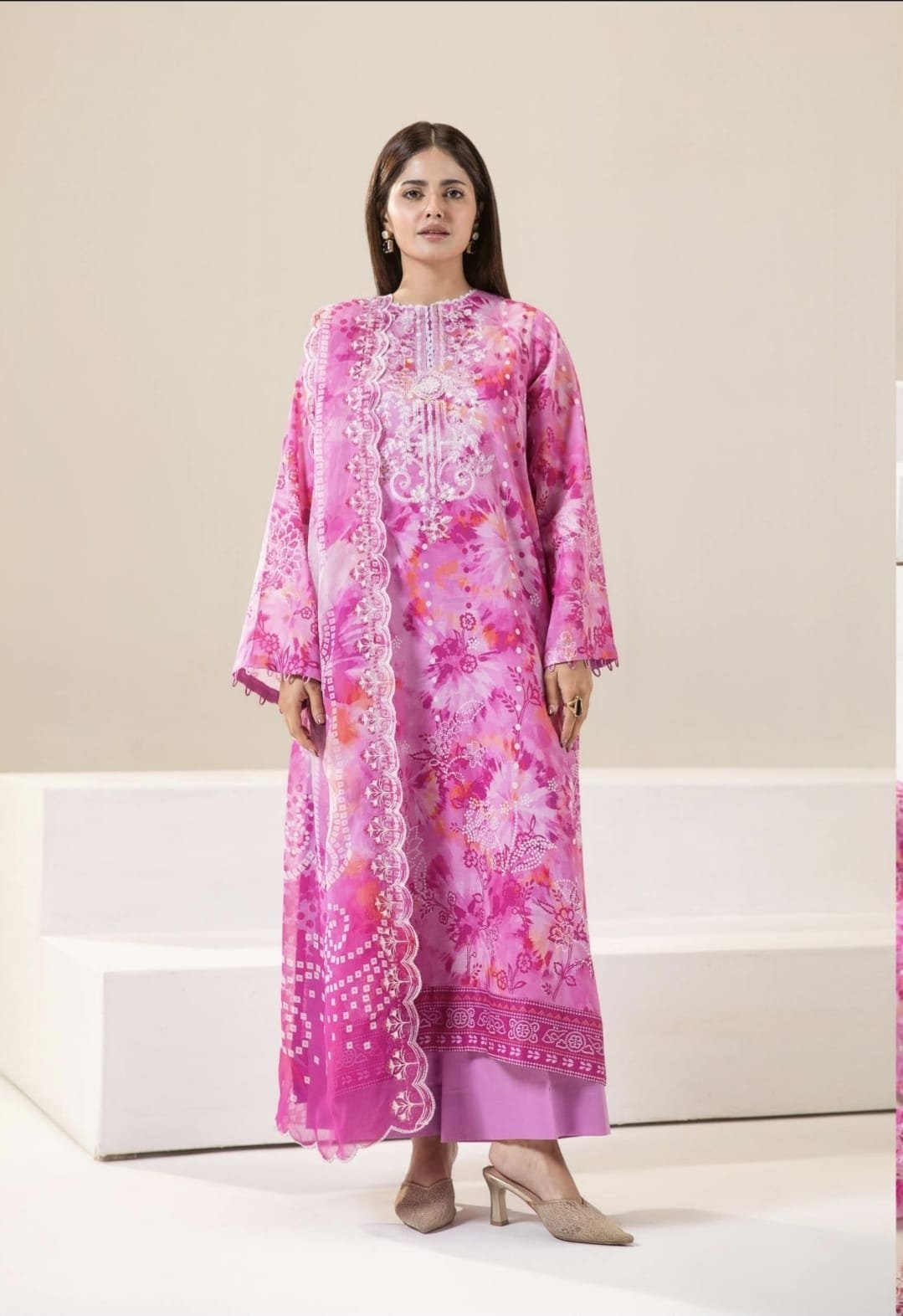 Pakistani Three Piece – Pink Floral Printed Embroidered Unstitched Lawn Suit - Image 4
