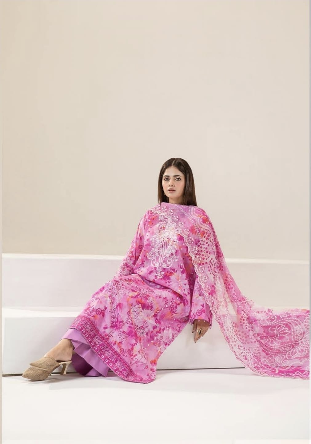 Pakistani Three Piece – Pink Floral Printed Embroidered Unstitched Lawn Suit - Image 3
