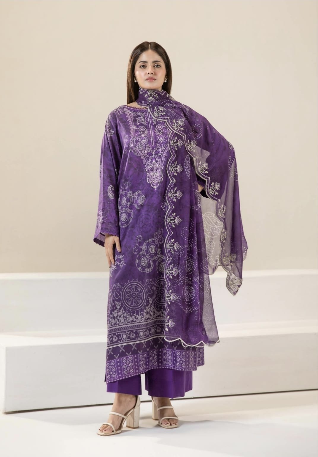 Pakistani Three Piece – Royal Purple Embroidered Printed Unstitched Lawn Suit - Image 4