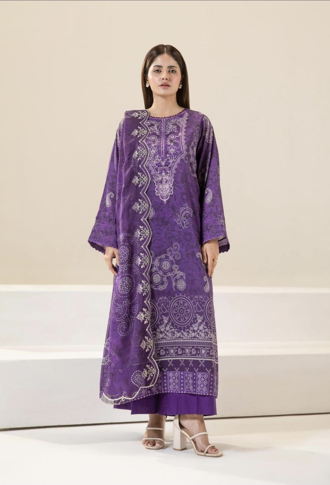Pakistani Three Piece – Royal Purple Embroidered Printed Unstitched Lawn Suit - Image 3