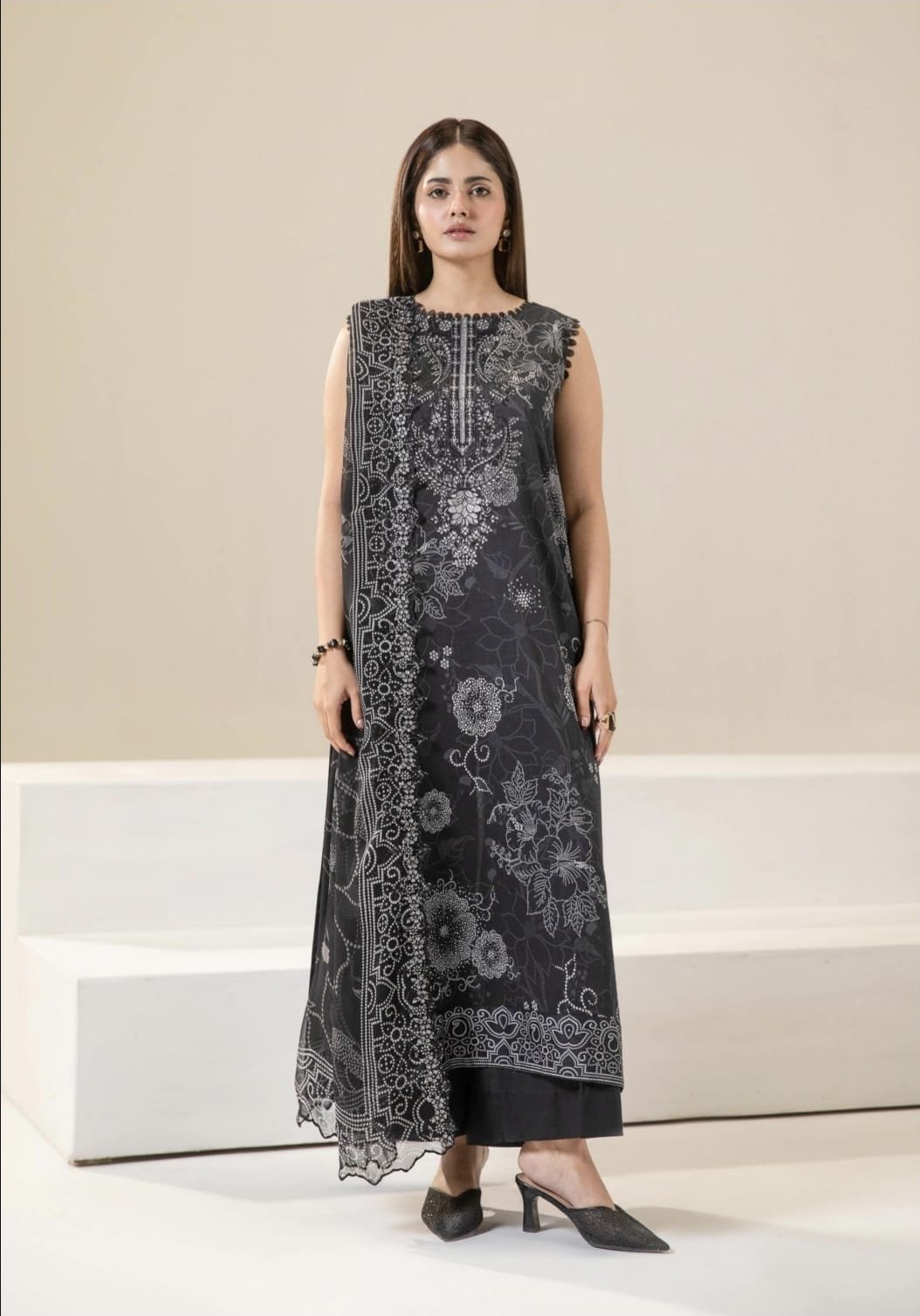 Pakistani Three Piece – Black Floral Embroidered Unstitched Lawn Suit - Image 4