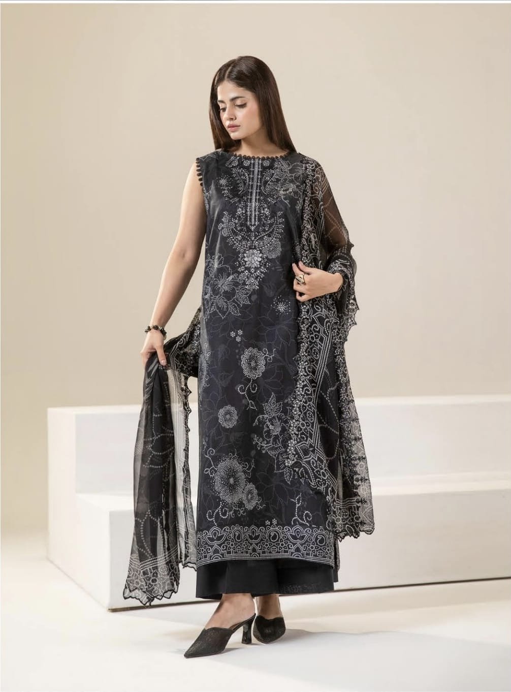Pakistani Three Piece – Black Floral Embroidered Unstitched Lawn Suit - Image 3