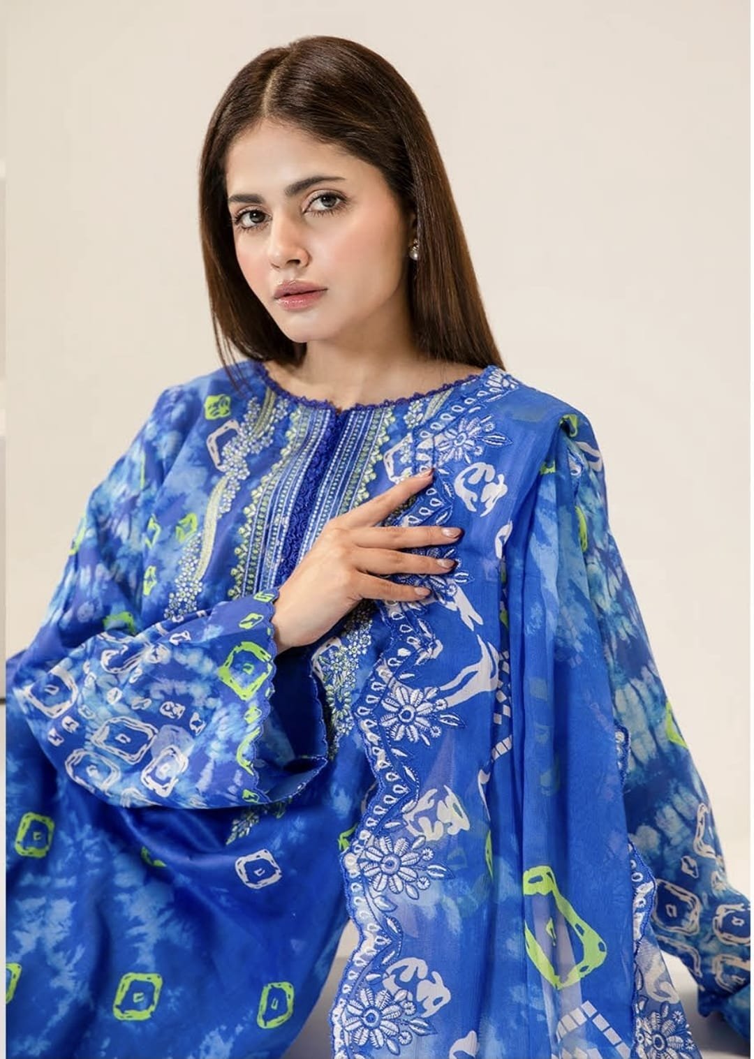 Pakistani Three Piece – Royal Blue Printed Unstitched Lawn Suit with Chiffon Dupatta - Image 2
